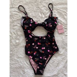 Juicy Couture Ruffle Cut Out Swimsuit One Piece Lined Cherry Logo Size M NEW